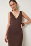 Women Brown V Neck Midi Knitted Dress Ub00378 - 4