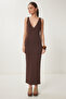 Women Brown V Neck Midi Knitted Dress Ub00378 - 3