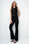 Women's Black Crew Neck Gold Buttoned Ottoban Blouse and Spanish Flare Pants Set Alc-X13981
