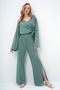 Women's Green Double-Breasted Collar Tie-Down Blouse and Slit-Cut Loose-Fit Trousers Set Alc-X11422 - 3