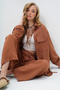 Brown Double Pocket Safari Jacket and Wide Leg Aerobin Trousers Set with Elastic Waist Ymx8448
