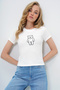 Women's White Crew Neck Teddy Bear Embroidered Ottoban Crop T-Shirt Alc-X13917