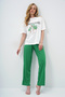 Women's Dark Green Crew Neck Printed T-Shirt and Solid Color Pants Pajamas Set Pjm-X13883 - 2