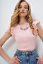 Women's Pink Metal Accessory Frilly Sleeve Camisole Blouse ALC-X5978