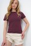 Women's Burgundy Crew Neck Striped T-Shirt Alc-X13919 - 3