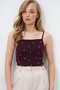 Women's Burgundy Square Collar Trok Stone Pocketed Rope Strap Blouse Alc-X13884