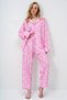 Women's Pink Piping Detailed Digital Printed Satin Long Shirt and Pants Pajamas Set Pjm-X13913 - 3