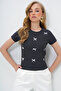 Women's Anthracite Crew Neck Bow Decorated Crop Blouse Alc-X13671 - 3