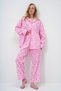Women's Pink Piping Detailed Digital Printed Satin Long Shirt and Pants Pajamas Set Pjm-X13913