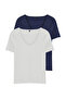 Navy-Ecru Cotton Ribbed V-Neck Stretchy Knitted Blouse Twoss25Bz00405 - 7