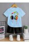 Children's Colorful Earphones Printed Blue Shorts Black T-Shirt Bottom Ust Suit - 2