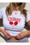 Women's White Cheery Lycra Organic Cotton Crew Neck Stylish Crop