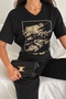 Women's Black V-Neck Plus Size Sequin Sequin Embroidered 100% Cotton T-Shirt - 6