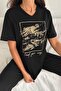 Women's Black V-Neck Plus Size Sequin Sequin Embroidered 100% Cotton T-Shirt