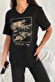 Women's Black V-Neck Plus Size Sequin Sequin Embroidered 100% Cotton T-Shirt - 3