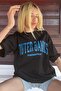 Black Printed Oversize Round Neck Women's T-Shirt - 5