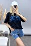 Black Printed Oversize Round Neck Women's T-Shirt - 6