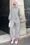 Painted Gray Crew Neck Women's Tracksuit with Emblem Detail Mg2186 - 3