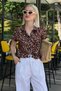 Brown Floral Print Short Sleeve Women's Shirt Mg2098 - 4