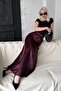 Burgundy Patterned Satin Women's Long Skirt Mg2333