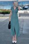 Mint Green Button V-Neck Long Knitwear Dress Mg2078 - 4