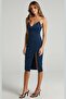 Navy Blue V-neck Slit Satin Dress MG1742 - 4