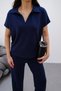 Women's Navy Blue Comfortable Stretchy Knitted Polo Neck Tshirt and Loose Wide Leg High Waist Sweatpants Bottom-Top Set - 4