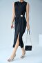 Women's Black Crew Neck Drape Gold Accessory Detailed Slit Midi Dress - 6