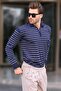 Navy Blue Polo Neck Striped Zippered Knitted Sweater 7243 - 2