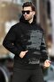 Black Hooded Patterned Men's Sweatshirt with Pocket Detail 7059 - 3