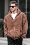 Brown Plush Over Fit Hooded Zippered Men's Sweatshirt 6049 - 2