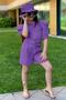 Girl's Crew Neck Half Sleeve Waist Tie Detailed Purple Shorts Jumpsuit - 3