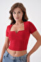 Women's Stretch Fabric Square Neck V Detailed Short Sleeve Red Blouse 10432 - 7