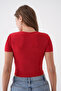 Women's Stretch Fabric Square Neck V Detailed Short Sleeve Red Blouse 10432 - 3