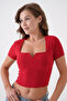 Women's Stretch Fabric Square Neck V Detailed Short Sleeve Red Blouse 10432