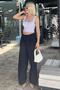 Navy Blue High Waist Relaxed Fit Wide Leg Pants Mg2120 - 3