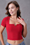 Red Flexible Fabric Square Neck Collar Designed Short Sleeve 42/43 Cm Blouse 10432 - 4