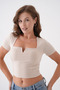 Women's Stretch Fabric Square Neck V Detailed Short Sleeve Beige Blouse 10432 - 6