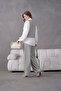 Women's Front Embroidered Flower and Stone Detailed Linen Vest and Trousers Bottom Top Set - 7