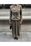 Elizabeth Gold Belted - Buttoned Blazer Jacket and Pleated Long Skirt Set
