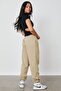 Women's Beige Elastic Waist Oversize Sweatpants Mg1235 - 5