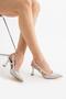 Silver Color Glitter Women's Thin Goblet 8 cm Heeled Arched Open Back Evening Dress Shoes - 4