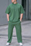 Men's Green Plain Oversize Two Thread Short Sleeve Tracksuit Set - 3