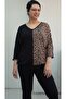 Black V-Neck Elbow Tan Leopard Print Skirt Cuffed Bat Sleeve Combed Viscose T-Shirt - 4