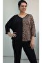 Black V-Neck Elbow Tan Leopard Print Skirt Cuffed Bat Sleeve Combed Viscose T-Shirt - 8