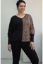 Black V-Neck Skirt Sleeve Cuff Bat Long Arm Leopard Print Color Block Combed Viscose T-Shirt - 5