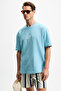 Ourflow Men's Embroidery Detailed 100% Organic Cotton Crew Neck Short Sleeve Oversize Light Blue T-Shirt