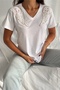 Women's White V-Neck Feather Pattern Shoulder Angel Wing Sequin Sequin Embroidered 100% Cotton T-Shirt