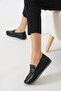 Posyer Sole Stitched Moccasin Genuine Leather Shoes Black Skin