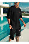 Paris Stripe T-Shirt Combed Cotton Shorts - Black Shorts T-Shirt Set Printed Oversize Crew Neck - 3